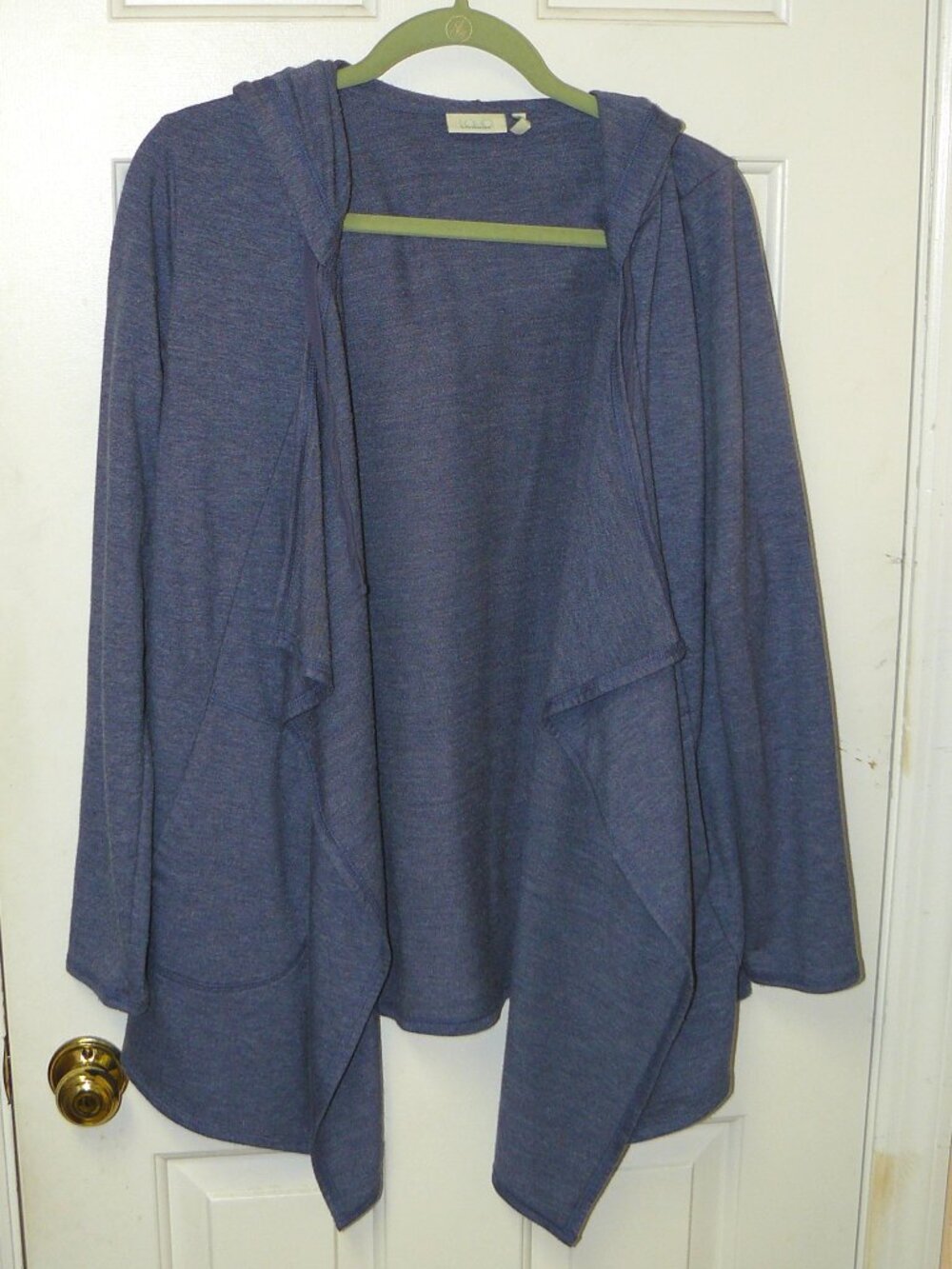 LOGO Lounge Lori Goldstein Blue French Terry Cascade Front Hooded Cardigan Sz M